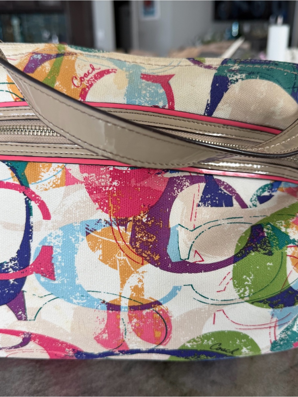 Coach Multicolor Signature Circle Tote with Beige Trim